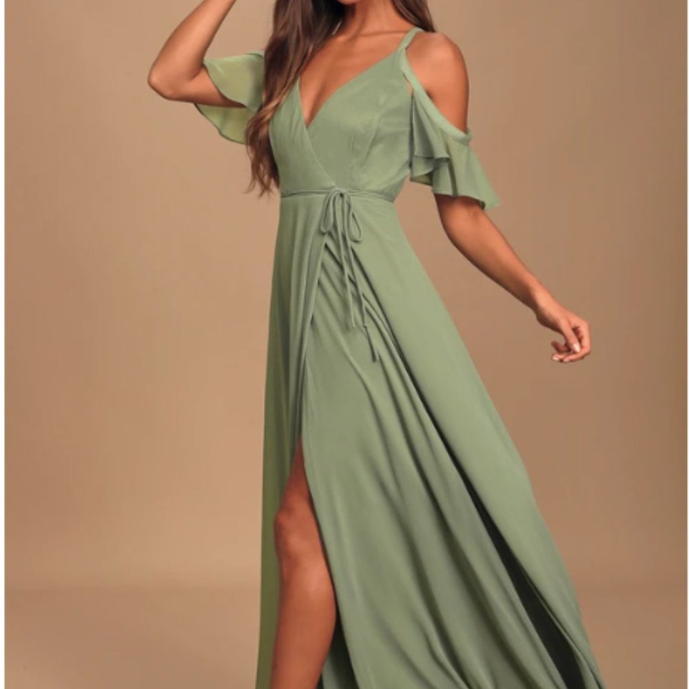 Lulu’s Easy Listening Sage Cold-Shoulder Wrap Maxi Dress Ruffle Trim Medium